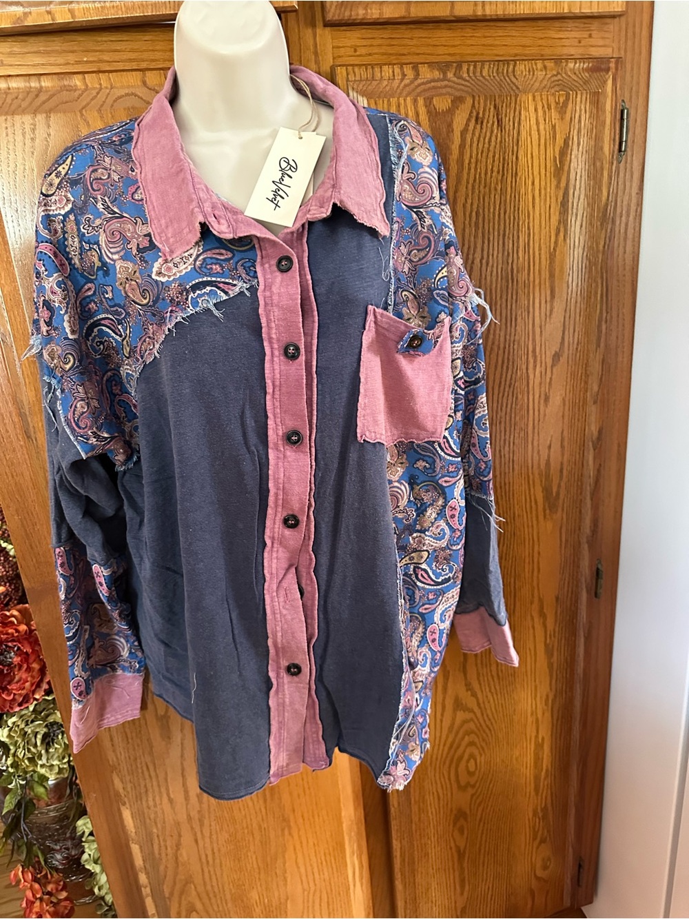 Boho Patchwork Button-Front Blouse in Dusty Pink and Navy
